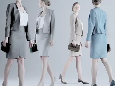 Women in Tailored Suits and Skirts of Various Colors Carrying Handbags Walking 3d model