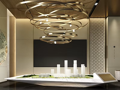 Elegant Modern Sales Office Interior With Circular Golden Chandeliers And Building Model Display Area 3d model