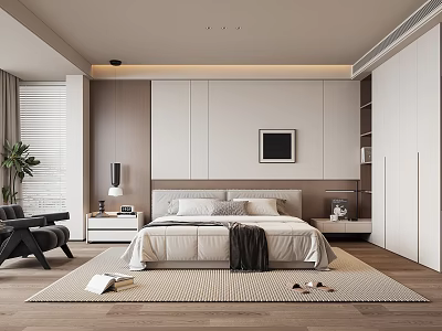 Modern Bedroom Interior With Bed Wall Art Nightstand Lamp Potted Plant And Rug 3d model