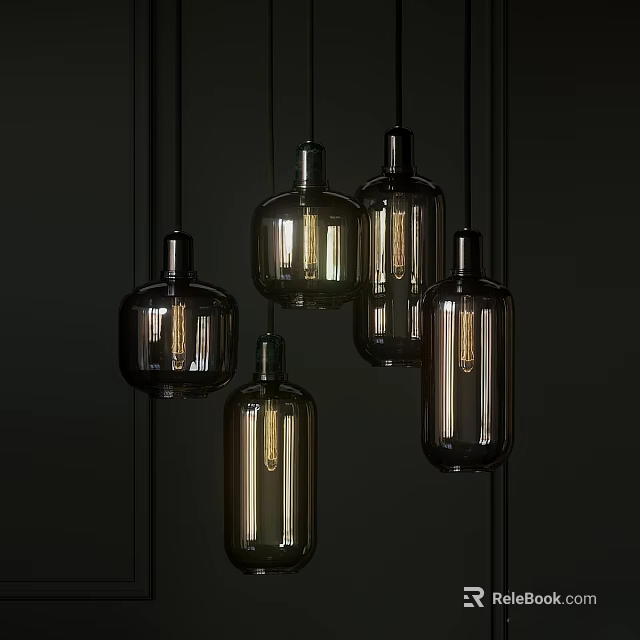 Modern Glass Pendant Lights Hanging With Black Cords And Smoky Finish 3d model 