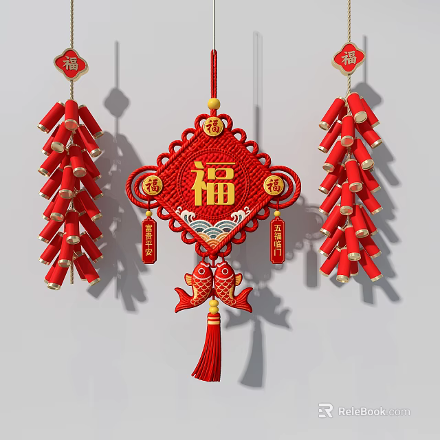 Traditional Chinese Wall Decor With Red Knot Fu Character Firecrackers And Fish 3d model 