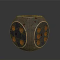 Decorative Dice Shaped Furniture Piece With Blue Black Finish And Red Speckles Round Holes