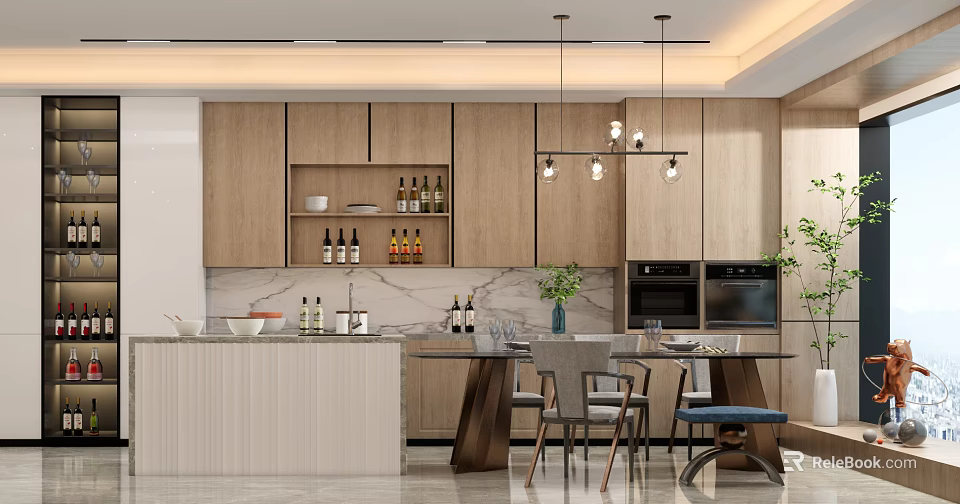 Modern Restaurant Interior Design With Wooden Cabinets Marble Counter Dining Table And Pendant Lights 3d model 