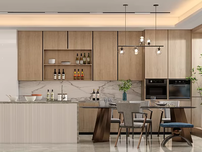 Modern Restaurant Interior Design With Wooden Cabinets Marble Counter Dining Table And Pendant Lights 3d model