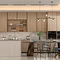 Modern Restaurant Interior Design With Wooden Cabinets Marble Counter Dining Table And Pendant Lights