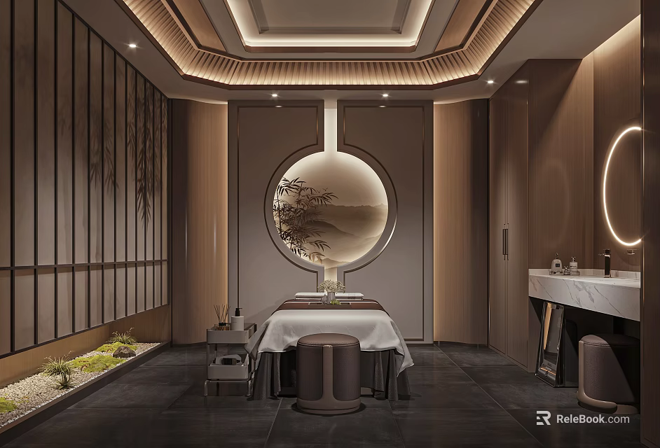 Relaxing SPA Sauna Interior Design With Round Decorative Art Wooden Elements And Massage Table 3d model 
