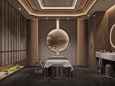 Relaxing SPA Sauna Interior Design With Round Decorative Art Wooden Elements And Massage Table 3d model