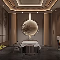 Relaxing SPA Sauna Interior Design With Round Decorative Art Wooden Elements And Massage Table