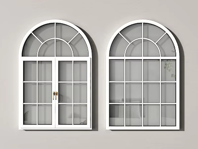 White Arched Casement Windows With Grid Design Installed On White Wall 3d model