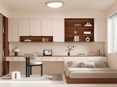 Modern Tatami Bedroom Interior with Desk Bookshelf Computer Table Lamp and Decorations 3d model