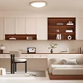 Modern Tatami Bedroom Interior with Desk Bookshelf Computer Table Lamp and Decorations