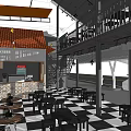 Modern Cafe Exterior With Two Story Building Outdoor Balcony Seating And Street Side Tables