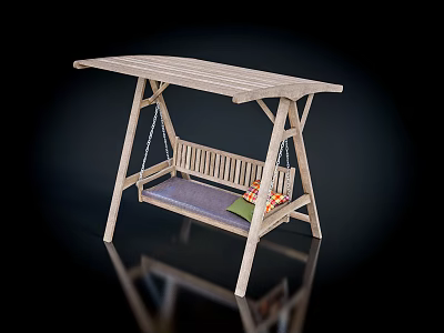 Wooden Canopy Swing Chair With Bench Style Seat And Outdoor Cushion For Garden Patio 3d model