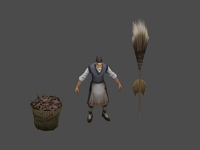Man Wearing Traditional Vest and Apron Standing with Broom and Basket of Hay 3d model