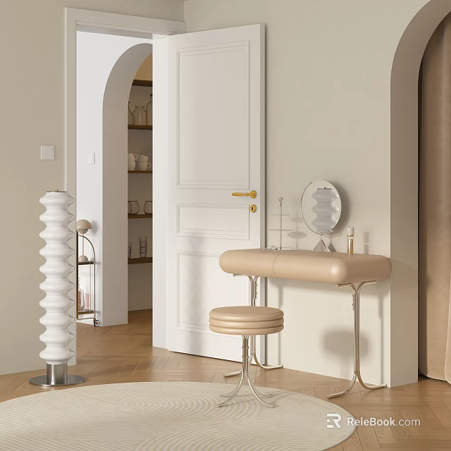 Elegant Modern Dressing Table Interior With Beige Stool And Round Mirror 3d model