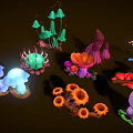 Vibrant Fantasy Plants With Colorful Shapes And Glowing Elements On Dark Background