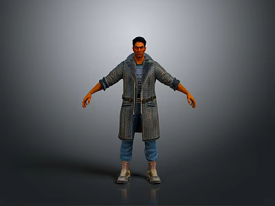 Man wearing plaid coat blue jeans and sneakers with gray background 3d model
