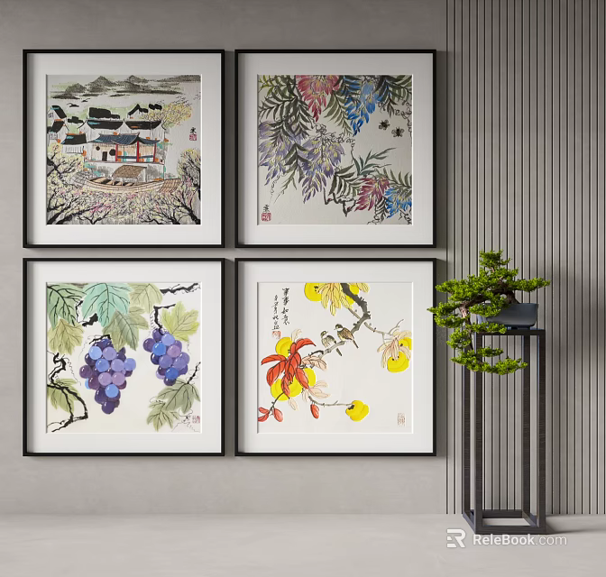 Traditional Chinese Paintings With Landscape Flowers Birds Grapes And Potted Green Plant On Wall 3d model 