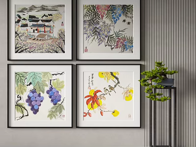 Traditional Chinese Paintings With Landscape Flowers Birds Grapes And Potted Green Plant On Wall 3d model