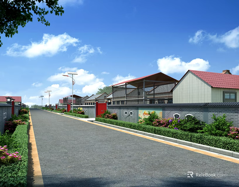 Building Exterior Walls With Red Roofs Gray Brick And White Surfaces Along Neat Street 3d model 