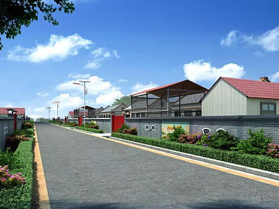 Building Exterior Walls With Red Roofs Gray Brick And White Surfaces Along Neat Street 3d model