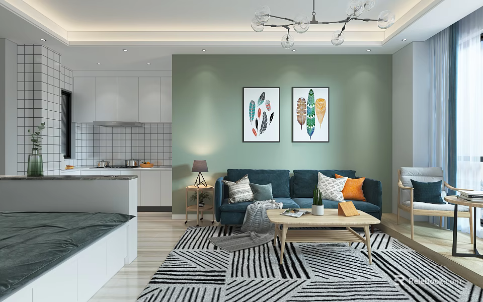 Modern Apartment Living Room With Teal Walls Artwork And Cozy Seating 3d model 