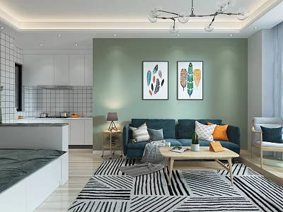 Modern Apartment Living Room With Teal Walls Artwork And Cozy Seating 3d model