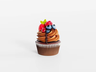 Delicious Chocolate Cupcake Topped with Fresh Raspberries Blueberries and Mint Leaf 3d model