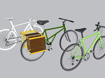 Colorful Bicycles Featuring White Green Frames And Wooden Front Basket 3d model