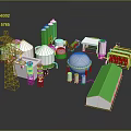 Cartoon Scenery With Green White Silos Power Tower Truck And Dome Structures