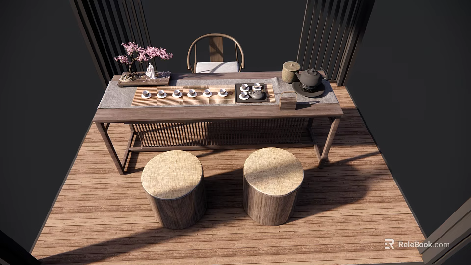 Wooden Tea Table and Chairs with Round Stools and Tea Sets and Pink Flowers 3d model 