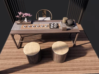 Wooden Tea Table and Chairs with Round Stools and Tea Sets and Pink Flowers 3d model