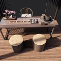 Wooden Tea Table and Chairs with Round Stools and Tea Sets and Pink Flowers