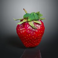 Juicy Fresh Red Strawberry With Vibrant Green Leaves Placed On Dark Reflective Background
