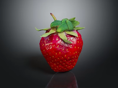 Juicy Fresh Red Strawberry With Vibrant Green Leaves Placed On Dark Reflective Background 3d model