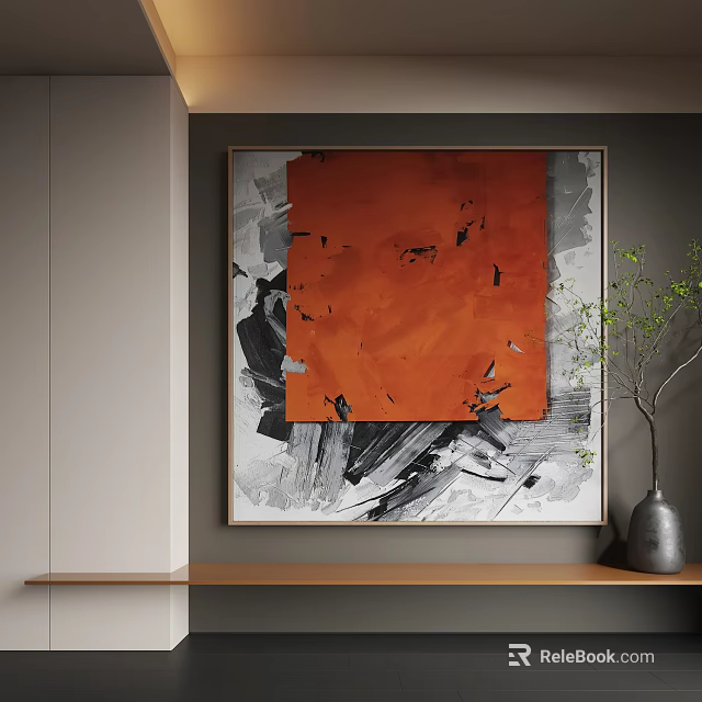 Abstract Painting Modern Art With Orange Black Gray Bold Brushstrokes And Textured Design 3d model 