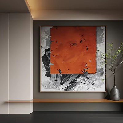 Abstract Painting Modern Art With Orange Black Gray Bold Brushstrokes And Textured Design 3d model