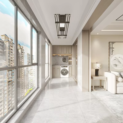 Home Balcony Interior With Large Windows City View Washing Machine Storage Cabinets And Sofa 3d model