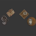 Vintage Furniture Collection With Round Wooden Table Small Table Pottery Jars Scale And Tea Set