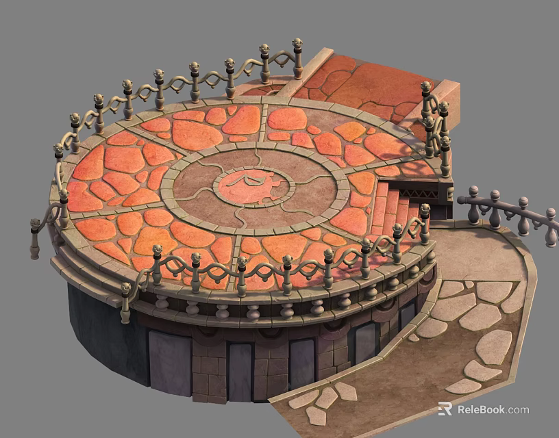 Circular Platform With Red Stone Surface Railing Steps And Stone Path 3d model