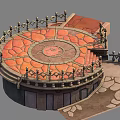 Circular Platform With Red Stone Surface Railing Steps And Stone Path 3d model