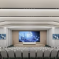Modern Conference Room With Rows Of White Seats Podium And Large Screen
