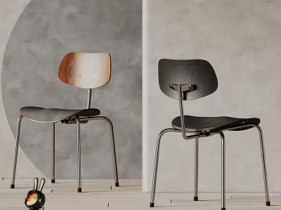 Modern Dining Chairs With Wooden Back Black Seat And Metal Legs In Minimalist Room 3d model