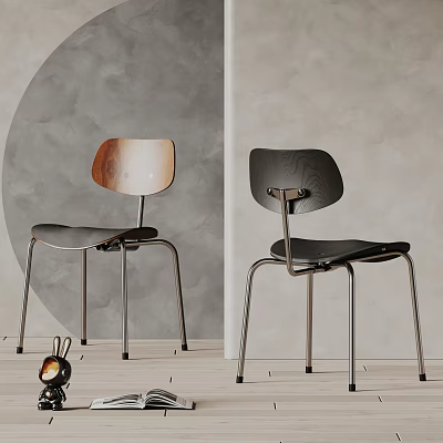 Modern Dining Chairs With Wooden Back Black Seat And Metal Legs In Minimalist Room 3d model