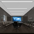 Modern Conference Room With Long Table Large Screen Comfortable Chairs And Windows 3d model