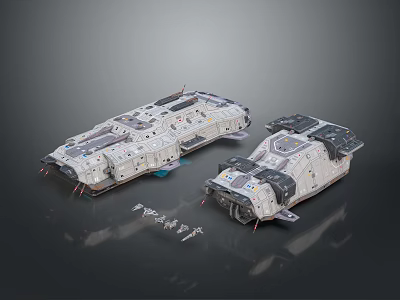 Sci-Fi Spaceship Models With Complex Structures Details Gray White Black Thruster Components Dark Background Reflections 3d model