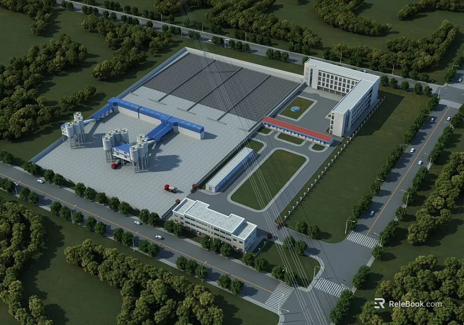 Modern Industrial Factory With Large Scale Building Surrounding Greenery And Roads 3d model 
