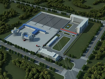 Modern Industrial Factory With Large Scale Building Surrounding Greenery And Roads 3d model