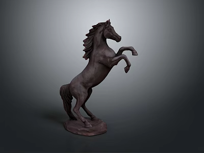 Brown Rearing Horse Sculpture With Detailed Mane On Sturdy Base And Standing Pose 3d model