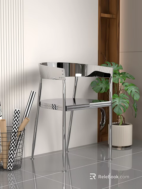 Contemporary Chromed Lounge Chair Design With Minimalist Structure And Potted Plant In Indoor Setting 3d model 